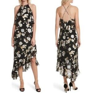 Alice + Olivia Silk Blend Asymmetrical Midi Dress 🌸 Black Floral Size M